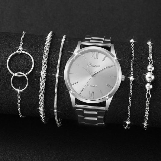 Elegant 6PCS Women's Wrist Watch Set – Roma Dial Quartz Watch + Matching Bracelets